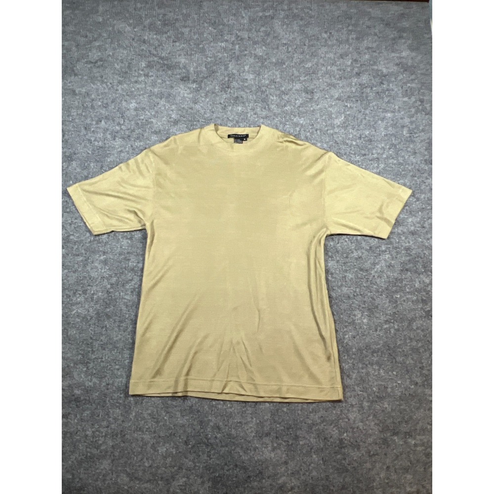 Vintage Tulliano Shirt Mens Medium‎ Tan Knit Rayon 90s Mock Neck Short Sleeve